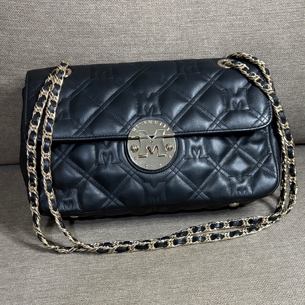 Metrocity Black Quilted Leather Shoulder Bag with Gold Chain Strap